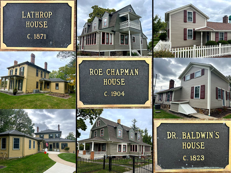 photos of Lathrop, Roe-Chapman, and Baldwin Homes at Strongsville Historial Society village in Strongsville, Ohio